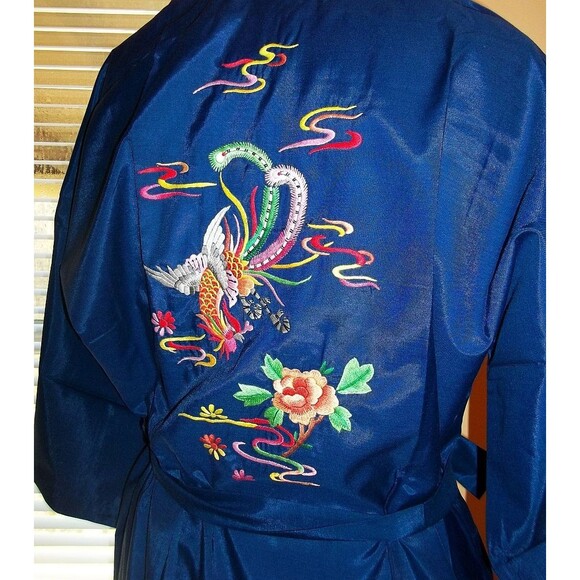 NOS Daffodil Label Vintage 60s Dragon Asian Blue Dacron Embroidered Robe M - Picture 2 of 5